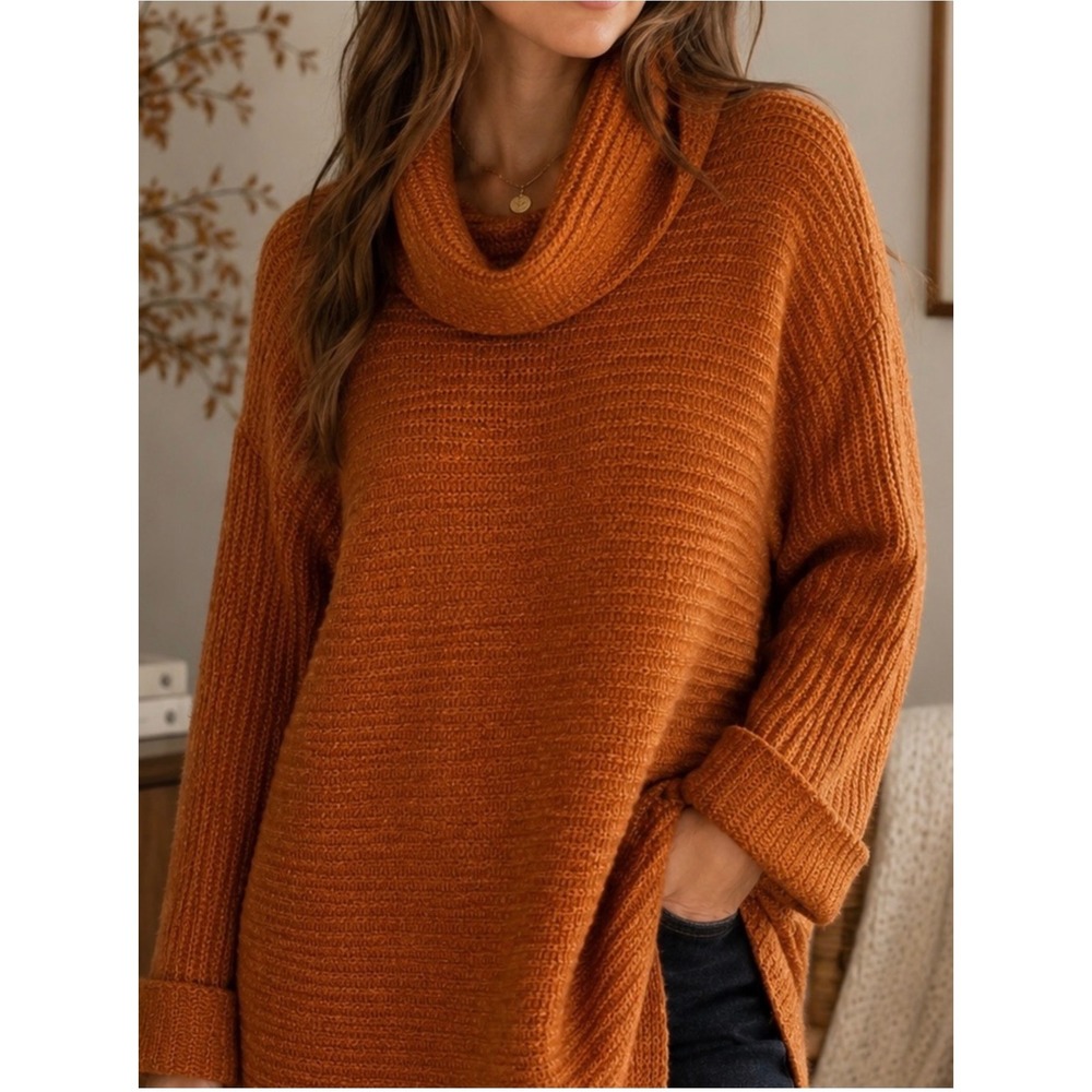 Pilcro Anthropologie rust Cowl Neck Oversized Knit Sweater gown granny cozy fall
